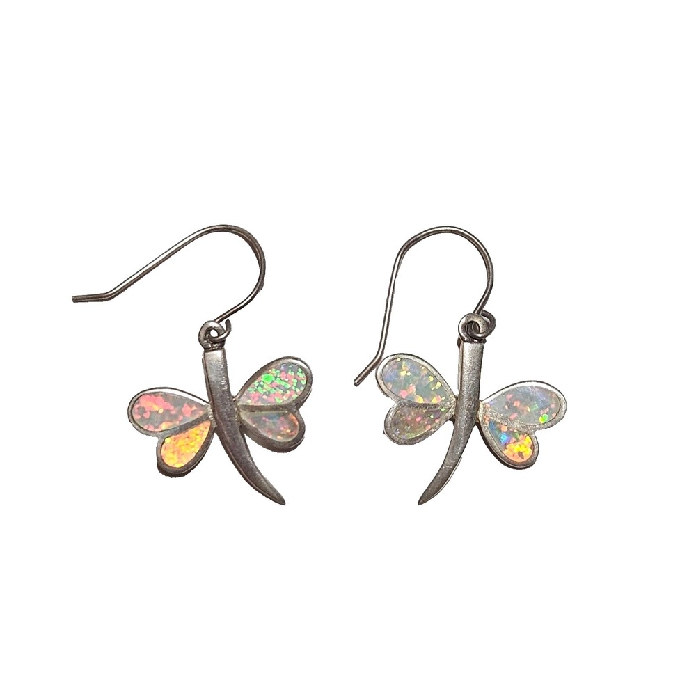 Vintage 925 Dragonfly Inlay Fire Opal Sterling Silver Hook Earrings Stamped MF